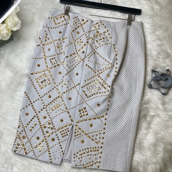 Versace Leather MIDI Skirt Runway Edition Oyster Color Gold Embellishment - Picture 6 of 13